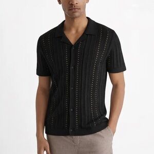 NWT Express Men’s Pointelle Camp Collar Short Sleve Sweater Polo Black